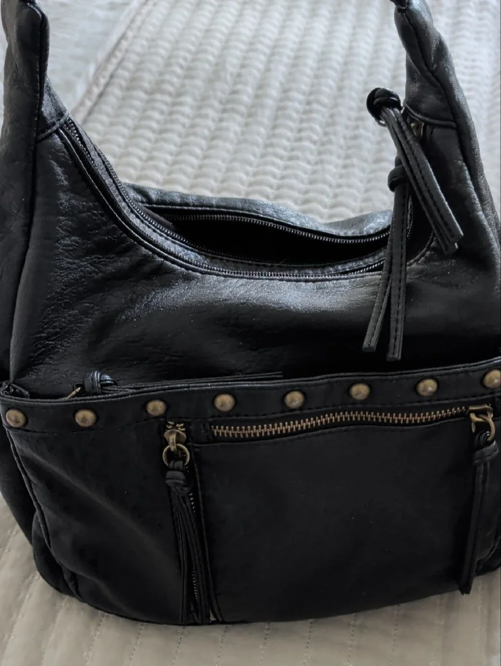 Bueno Black Leather Crossbody Bag with Stud Accents